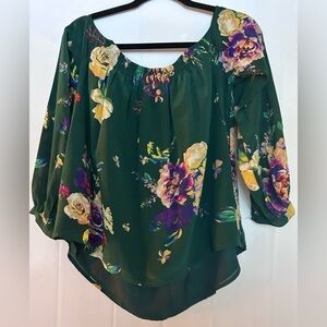 ANTHROPOLOGIE (Maeve) Tallie Green Floral Open-Shoulder Silk Top- Size X-small